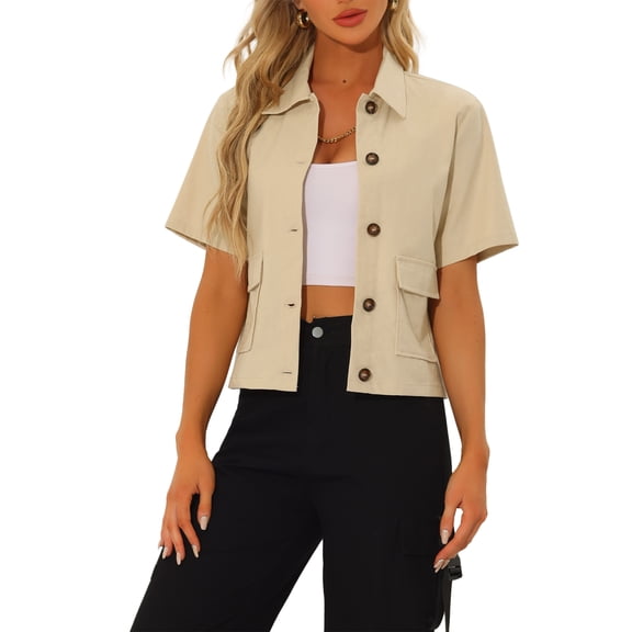 INSPIRE CHIC Casual Linen Jackets for Women's Turndown Collar Short Sleeve Lightweight Button Down Jacket