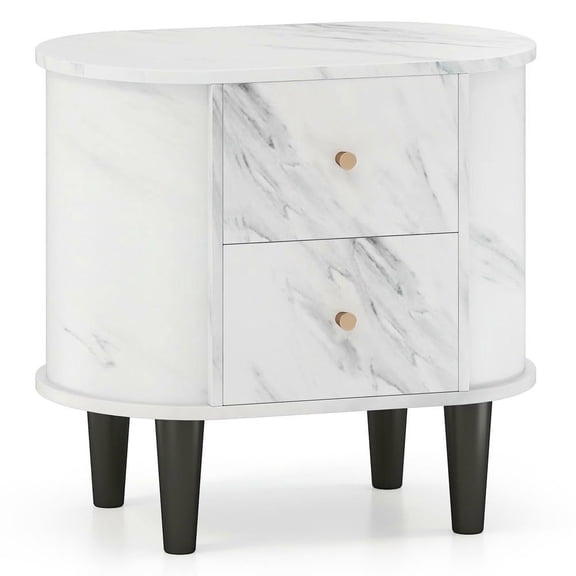 Resenkos Sleek 2-Drawer Nightstand – Modern Faux Marble Bedside Table with Practical Storage, Bedroom Essential, White