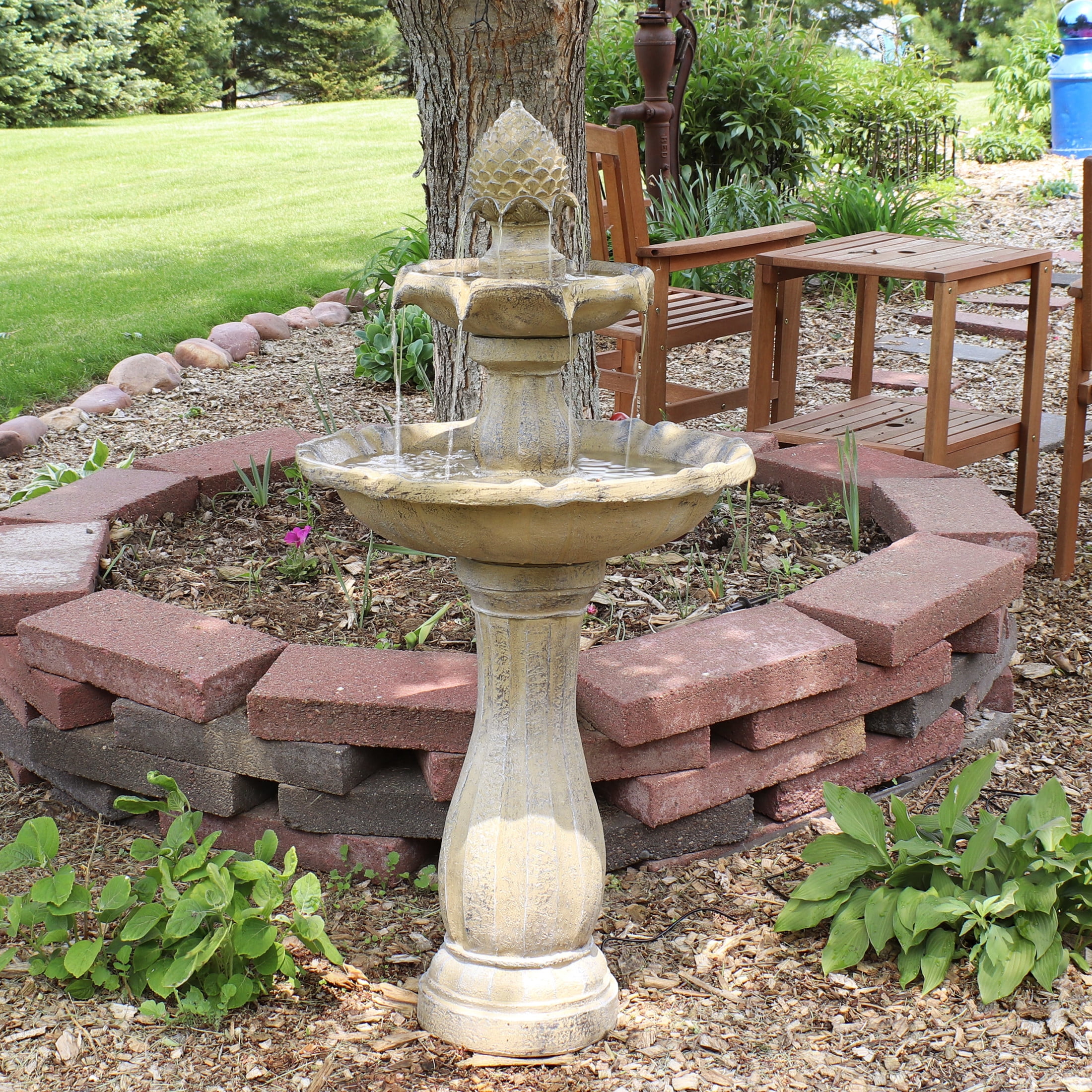Sunnydaze 45" 2-Tier Arcade Solar Outdoor Water Fountain with LED - Earth
