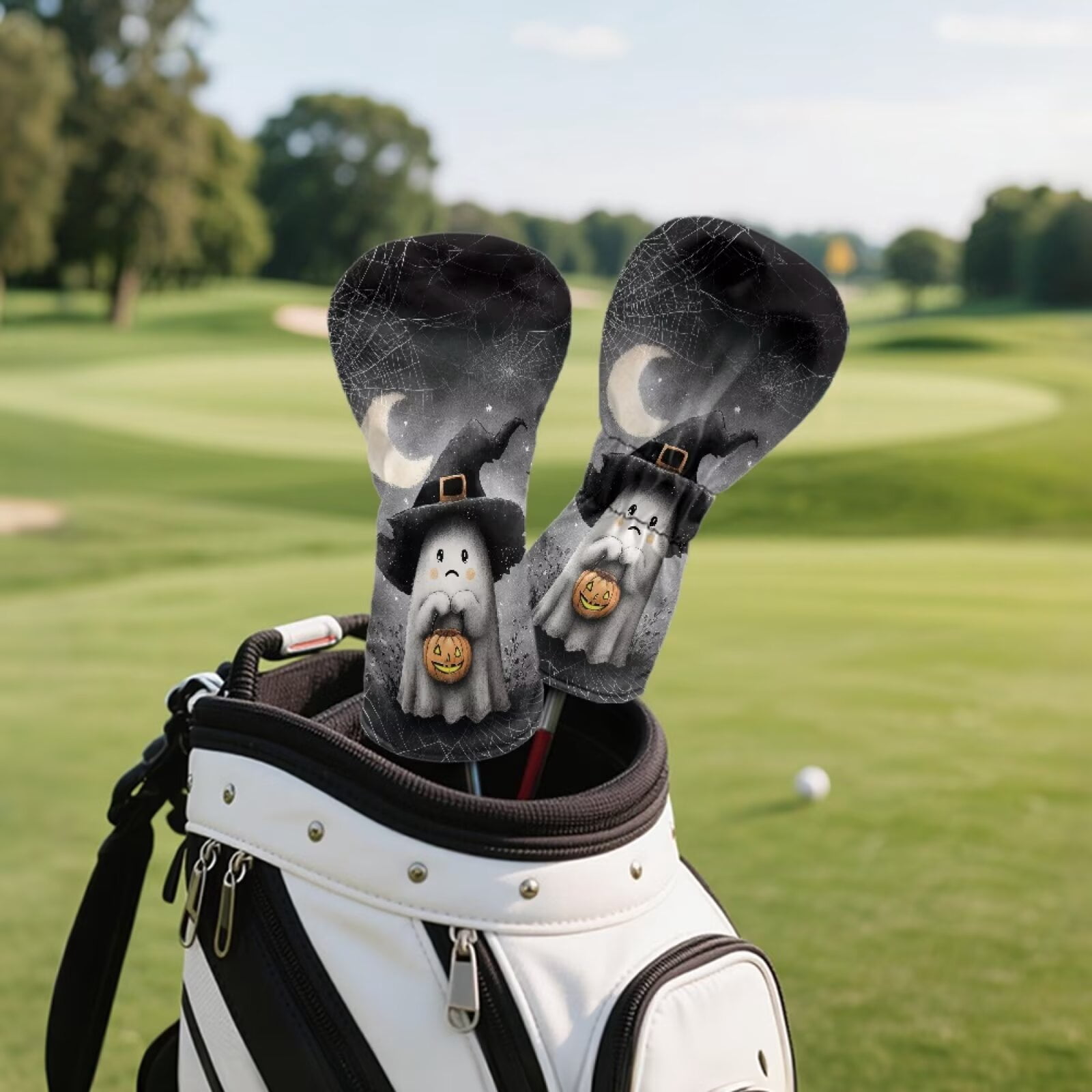 Uorisanigo Golf Club Head Covers 3-Pack Halloween Ghost Headcovers PU Leather Driver Headcover, Golf Hybrid Headcover, Fairway Wood Head Cover, Waterproof & Double Elastic Band