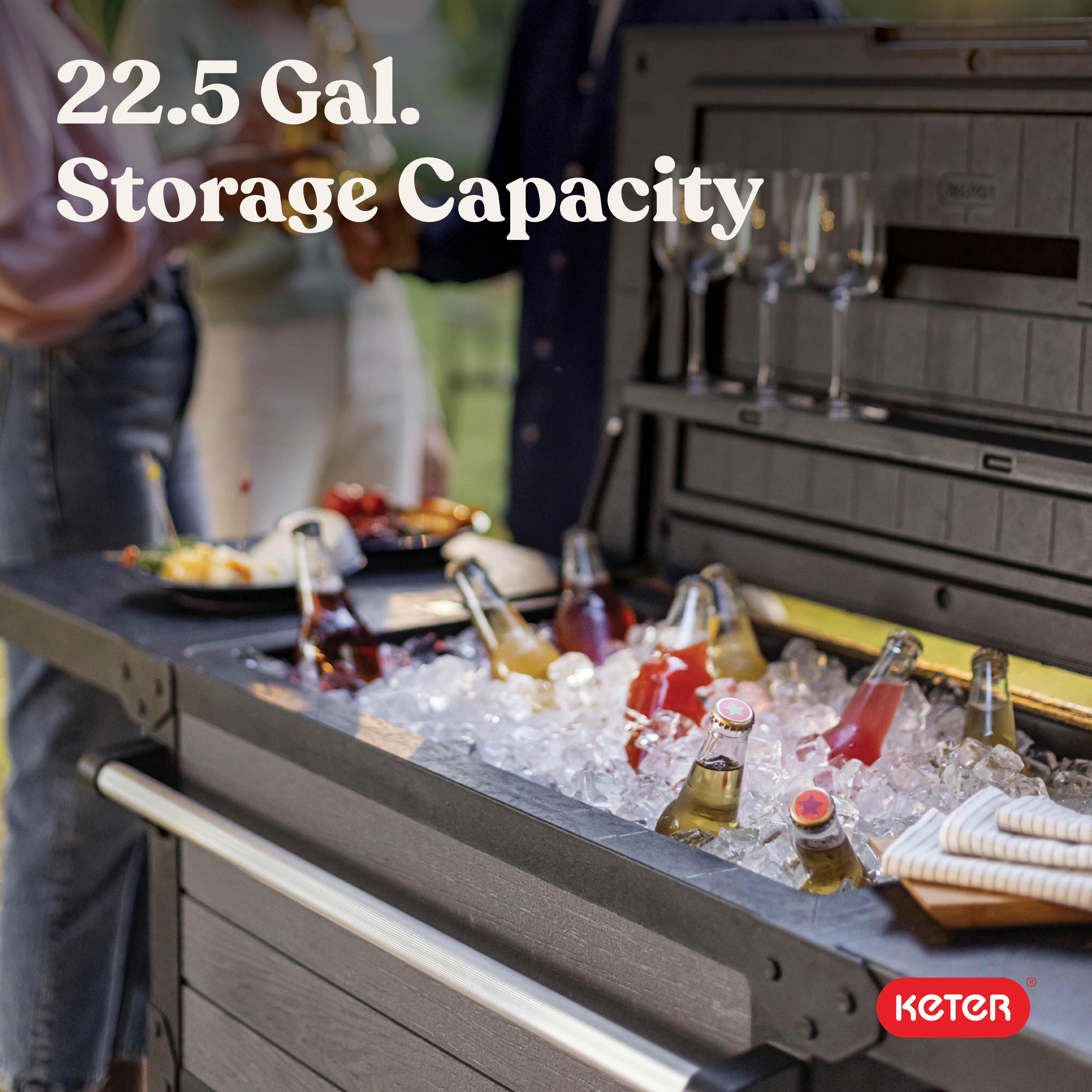 Keter Outdoor Patio Cooling Chest, 89.8 Qt Ice Chest Beverage Bar Cart w/Wheels, Graphite