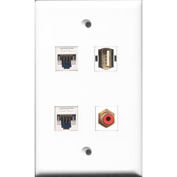 RiteAV 1 Port RCA Red and 1 Port USB A-A 2 Port Cat5e Ethernet White Wall Plate