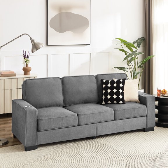 3 For Office - 83.86" Fabric With Cup Holders, Gray Modern And Fashionable Living Room, Bedroom, Holders
