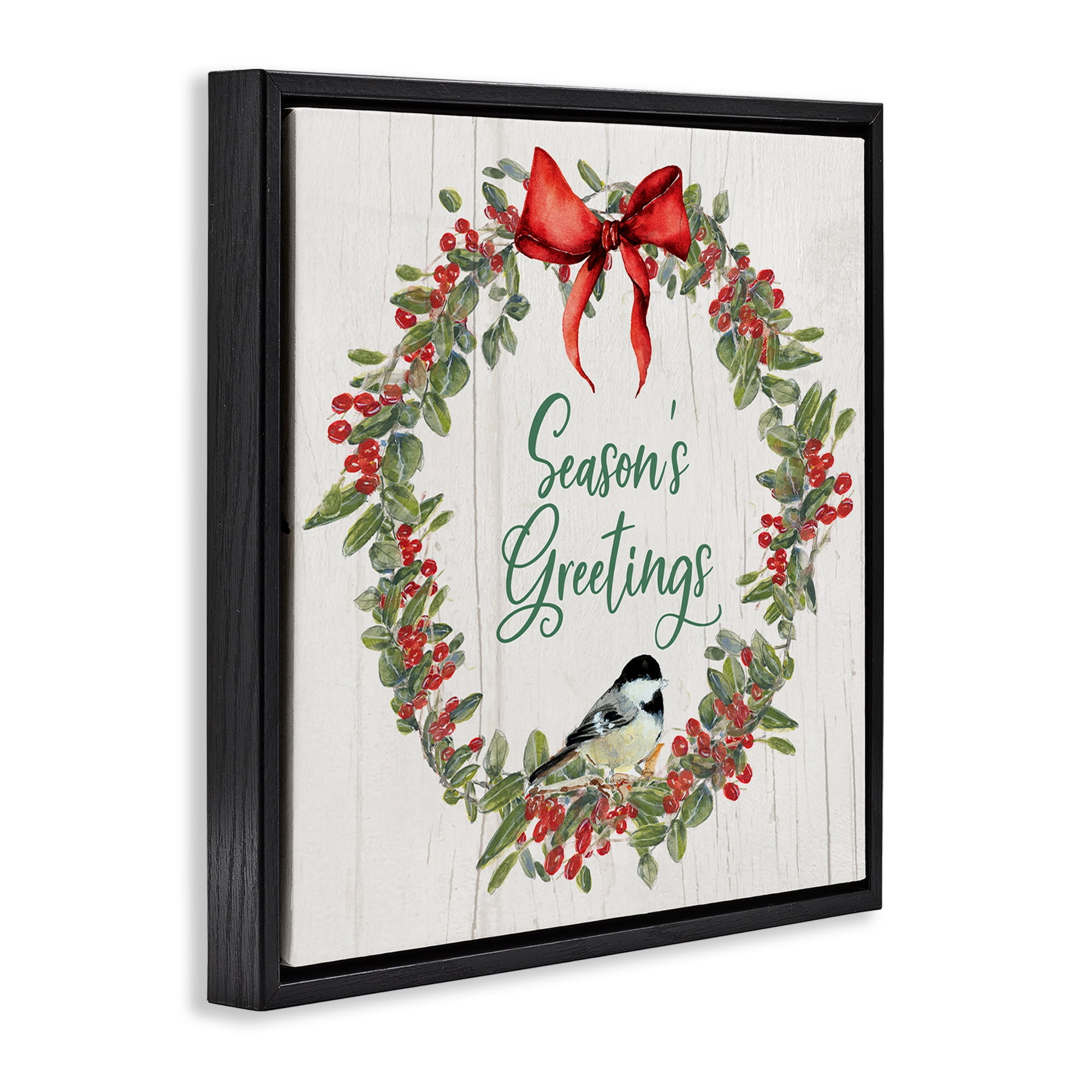 Stupell Industries Season's Greetings Wreath Holiday Painting Black Floater Framed Canvas Art Prints Wall Art, 18 x 18