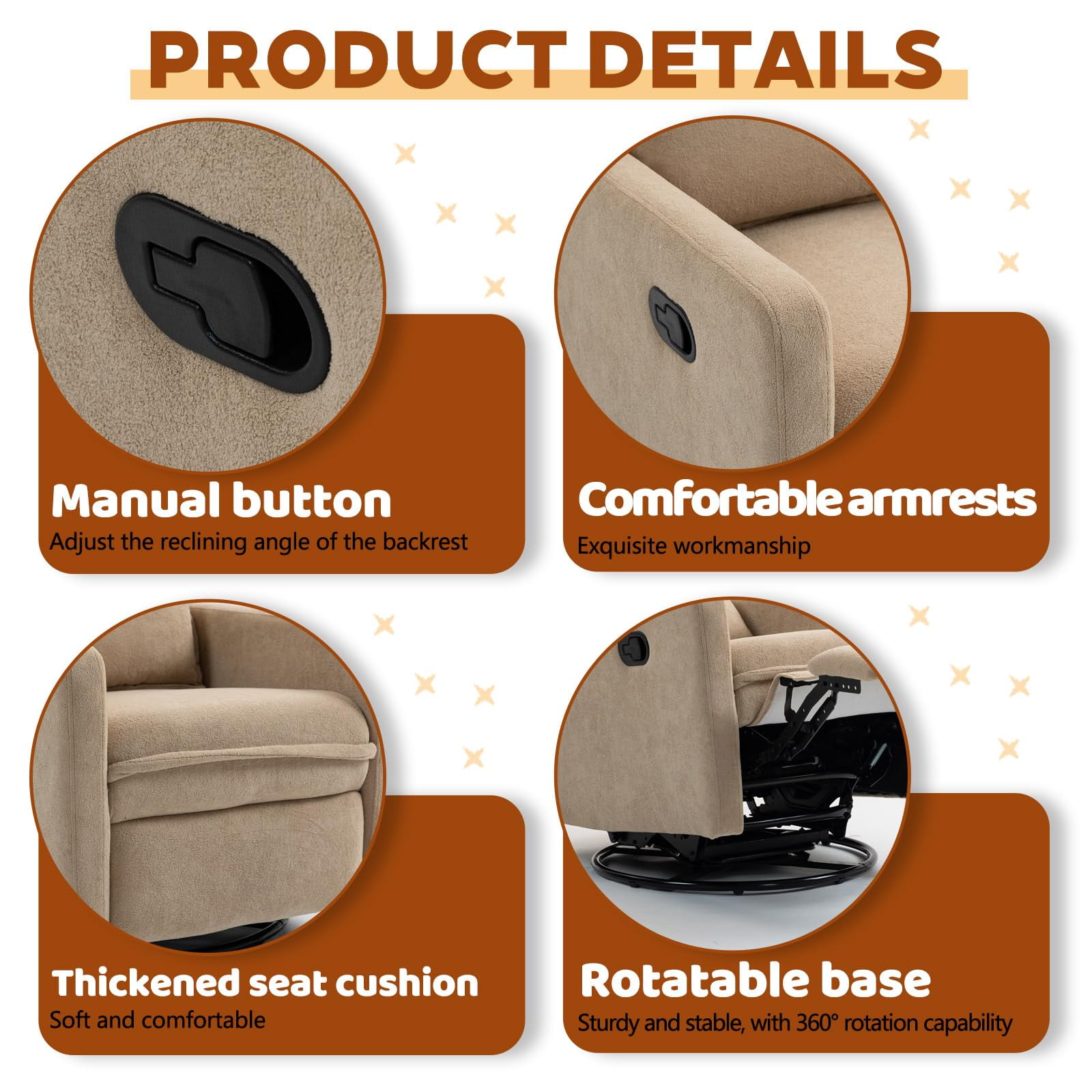 Lovableguy Modern Swivel Recliner Chair,Velvet Manual Button Nursery Glider Reclining Chair with Footrest,Comfy Upholstered Rocking Chair Living Room,Bedroom,Camel