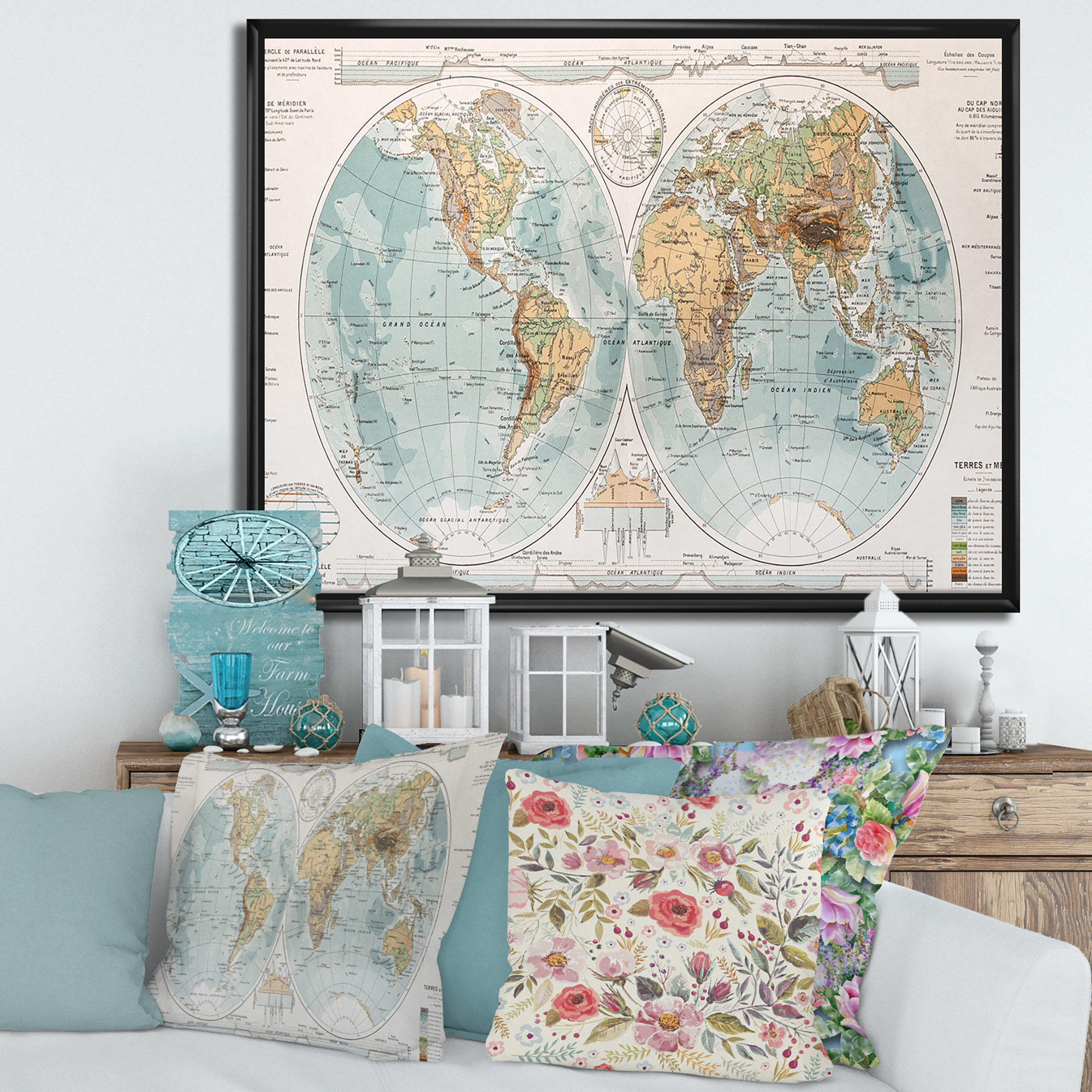 Designart 'Ancient World Map II' Rustic Framed Canvas Wall Art Print