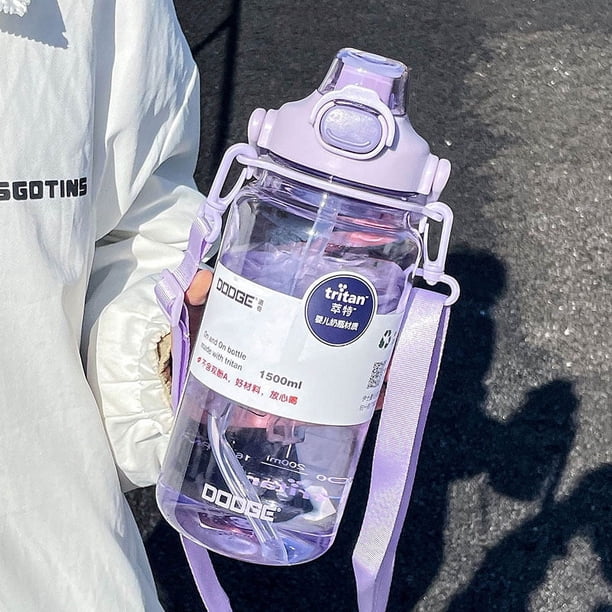 Botella de agua de plástico grande de verano, marcador de tiempo, libre de BPA, resistente al calor, anticaída, taza con pajita doble para beber, hervidor deportivo para fitness