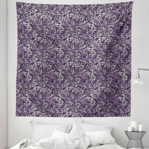 Garden Tapestry, Flourishing Lilies in Purple Shades Vintage Style Spring Bouquet, Fabric Wall Hanging Decor for Bedroom Living Room Dorm, 5 Sizes, Pale Lilac Eggplant, by Ambesonne