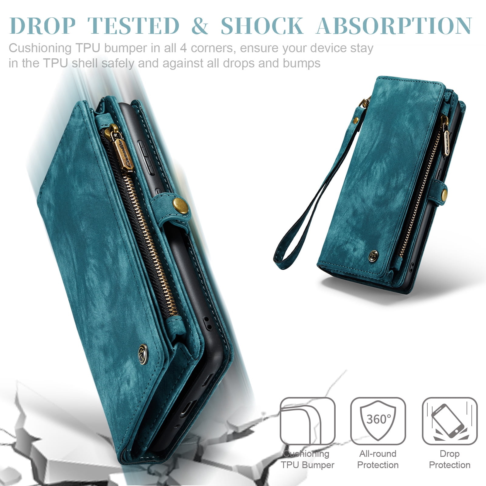 Feishell Durable 2-In-1 Magnetic Detachable Wallet Case for Samsung Galaxy S20+,for Women Men,Premium PU Leather Zipper Pocket Flip Multi Card Slots Purse Phone Case with Wrist Strap,Green