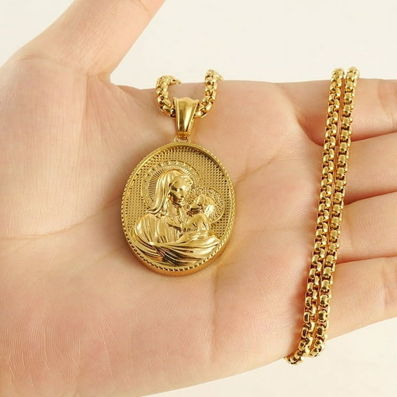 14K Yellow Gold Virgen Maria Pendant Necklace For Women Men Gold/Silver Color Virgen Mary Medal Necklaces