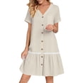 thumbnail image 3 of Ygbgbb Women's Linen-Blend Mini Dress, V-Neck Short Sleeve with Button Front & Lace Trim, Casual Summer Tunic Dress Beige XXL, 3 of 8