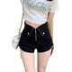 thumbnail image 3 of Pantalones anchos negros para niñas, pantalones cortos con cordón y cintura alta para mujer, pantalones cortos casuales con cremallera y corte en A, 3 of 5
