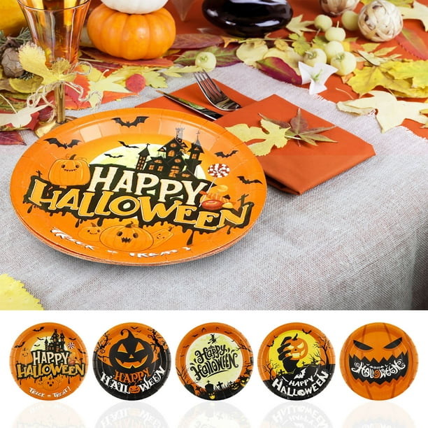 Fiudx Platos de Papel para Halloween, Diseño de Calabaza, Vajilla Desechable Resistente, Fácil de Limpiar, Versátiles para Fiestas Espeluznantes, Tamaño de 18 Cm, 10 Platos Por Paquete, Perfectos par