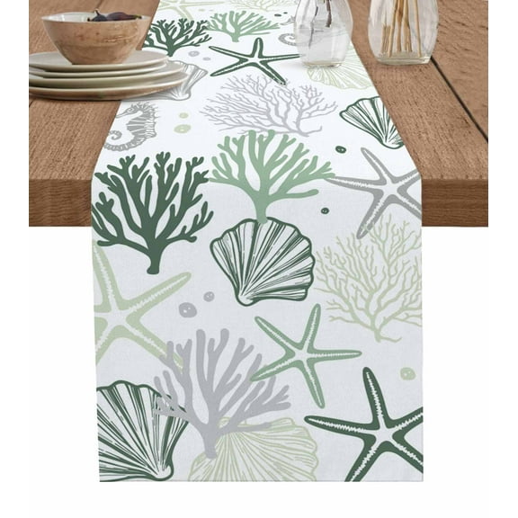 Table Runner Sage Green Starfish Table Decoration for Kitchen Dinning Shell Coral Marine Life Table Decoration for Indoor Outdoor Party Wedding Decor 13x90inch