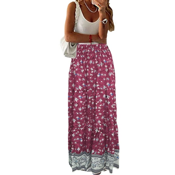 Michellecmm Women Bohemian Floral Skirt Casual Summer Elastic High Waist Skirt