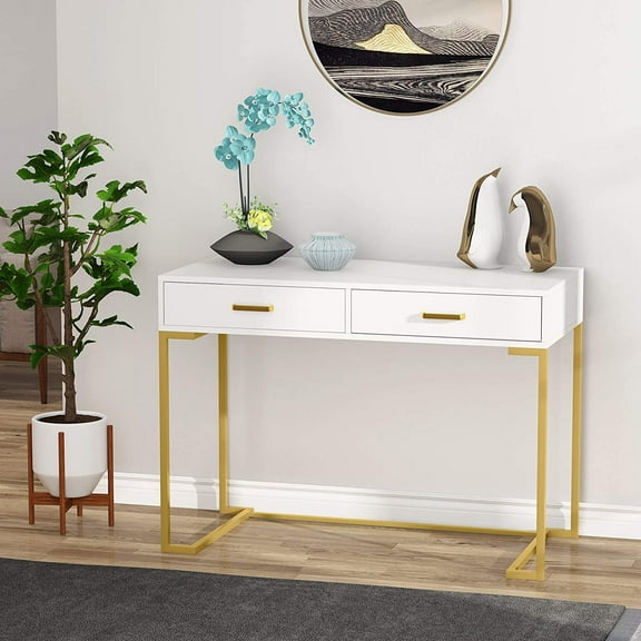 Computer Desk with Drawers, White and Gold Writing Desk with 2 Drawers, Simple and Modern (White, Gold)