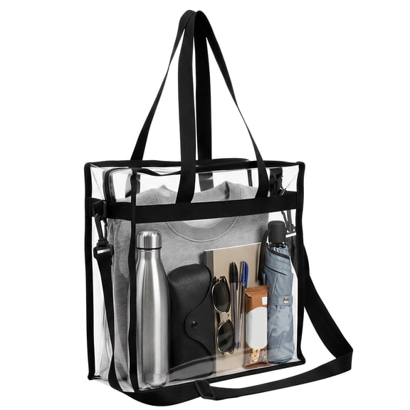 Stadium Approved Clear Bag with Zipper, 12x6x12 inch Clear Tote Bag for Concerts & Sporting Events, Adjustable Strap, Black