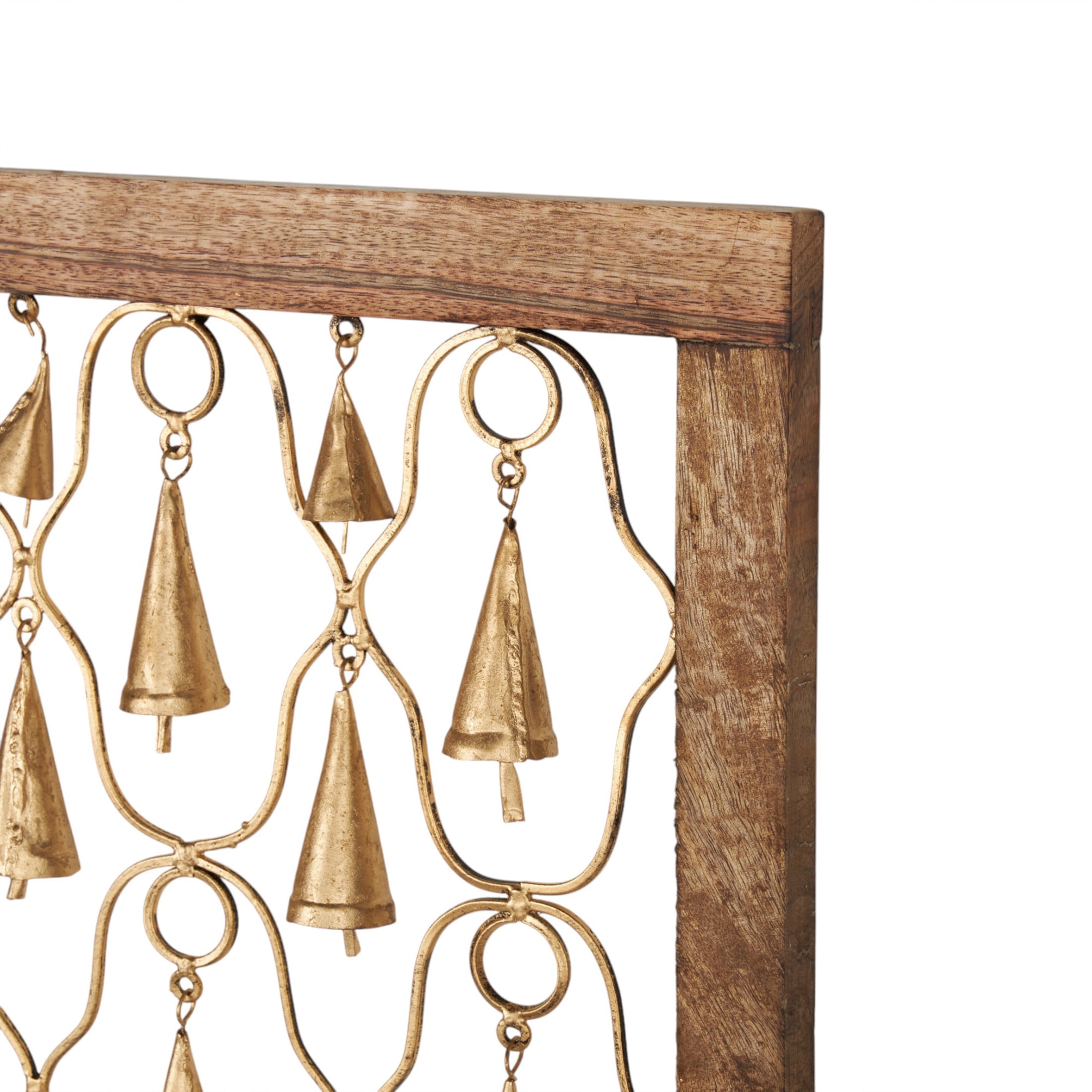 DecMode Wood Farmhouse Hanging Brown Decorative Bells in a  Square Frame with Tanished Brass Finish,  Set of 2 16"W x 16"H