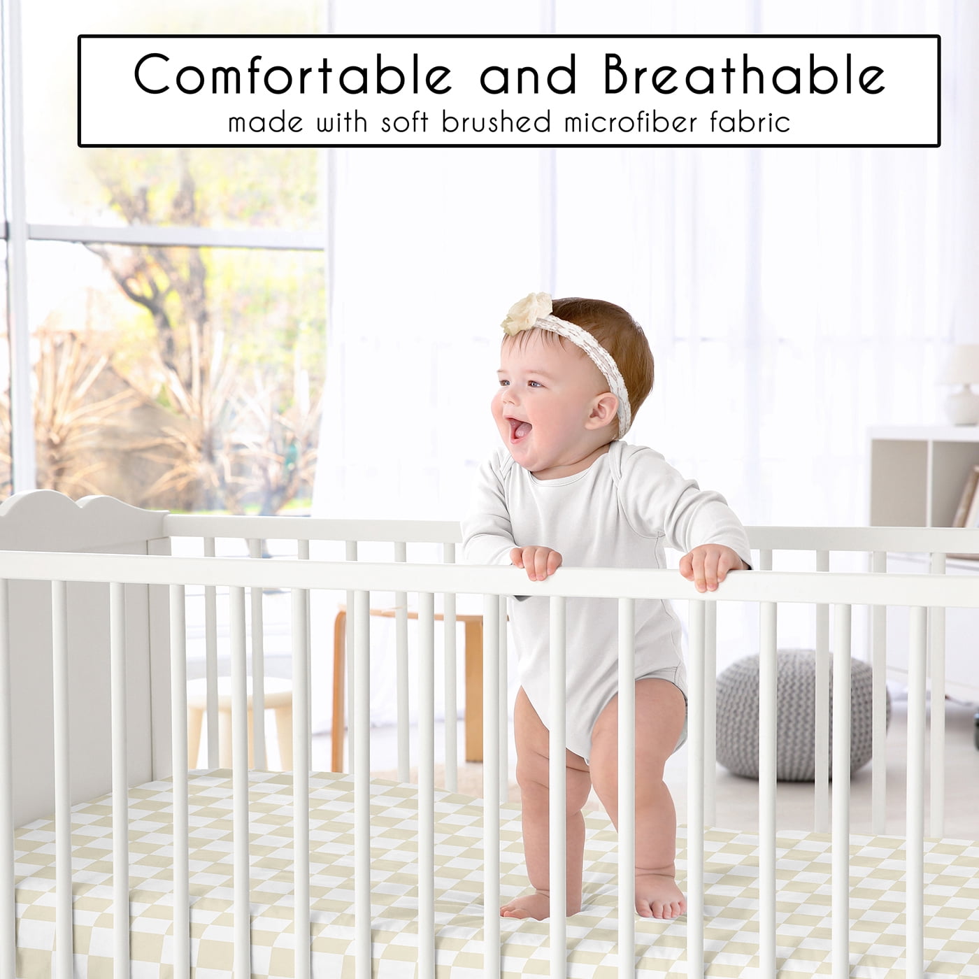 Sweet Jojo Designs Gingham Checkered Plaid Taupe and White Boy, Girl, Unisex/Gender Neutral Fitted Crib Sheet