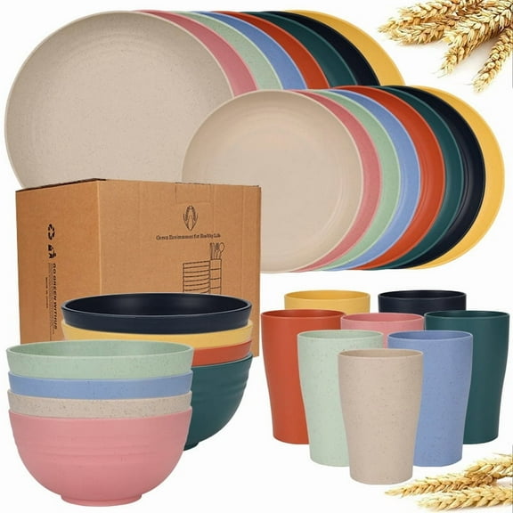 AILKIN Wheat Straw Plates and Bowls Sets for 8,Unbreakable Dinner Plates,Dishes Sets,Reusable Plate and Bowls Microwave Dinnerware Dishwasher Safe,Plastic Dinnerware Sets,Multicolor