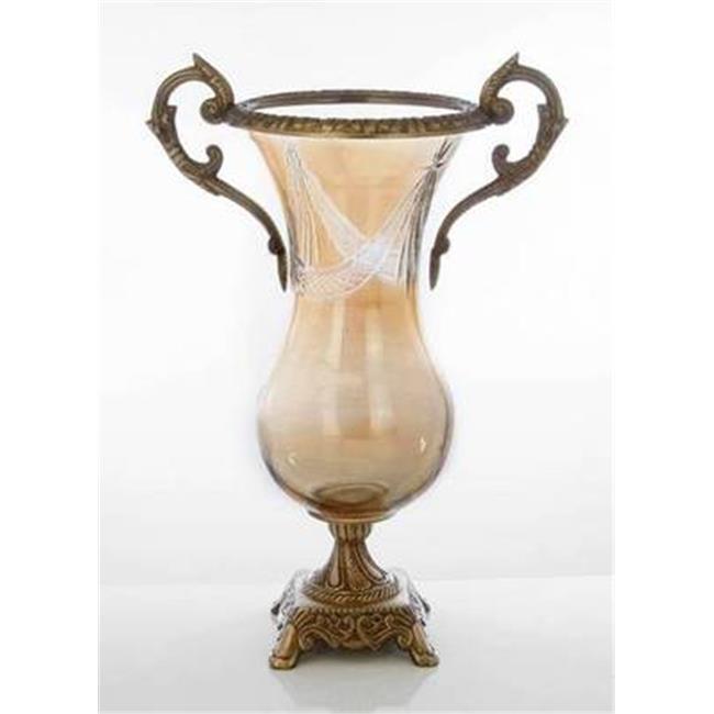 14 in. Glass Amber Brass Vase