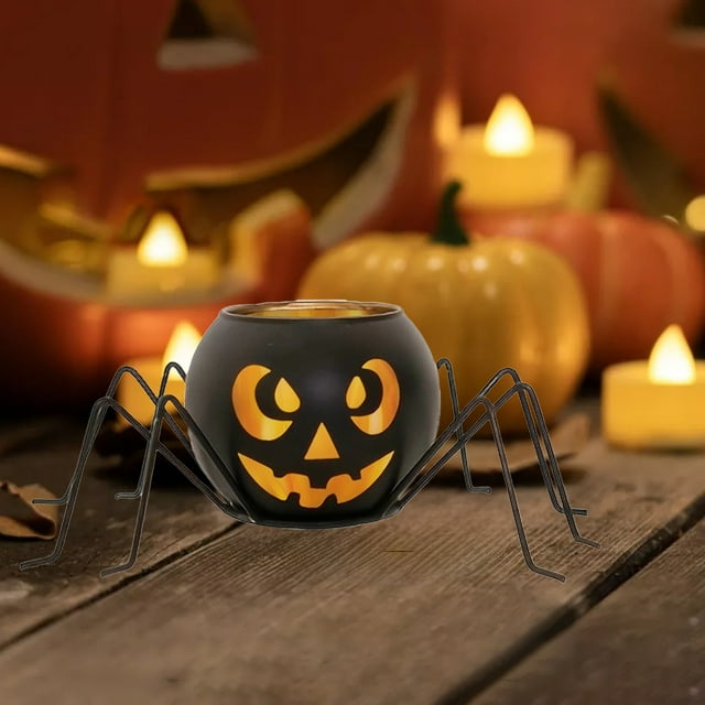 Candelabro de Hierro y Vidrio con Luces de Calabaza para Halloween, Candelabro Negro, Decoración para Fiestas, Adornos de Halloween