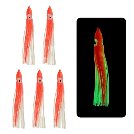 Fishing Squid Skirts Glow Soft Plastic Trolling Lures Fit for Bass Trout Salmon Saltwater Fishing Bait Clear Red 5 Inch
