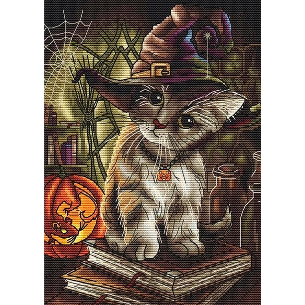 Cuadros Decorativos Kit completo de bordado DIY juego de costura de punto de cruz con cuentas de gatos de Halloween decoración JShteea Nuevos Originales
