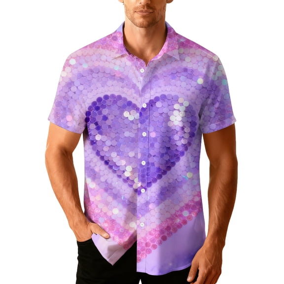 Valentine T-Shirt for Men Hear Printed Summer Beach Casual Short Sleeve Button Down Lapel Shirts,Valentines Gift Ideas for Him Shirt