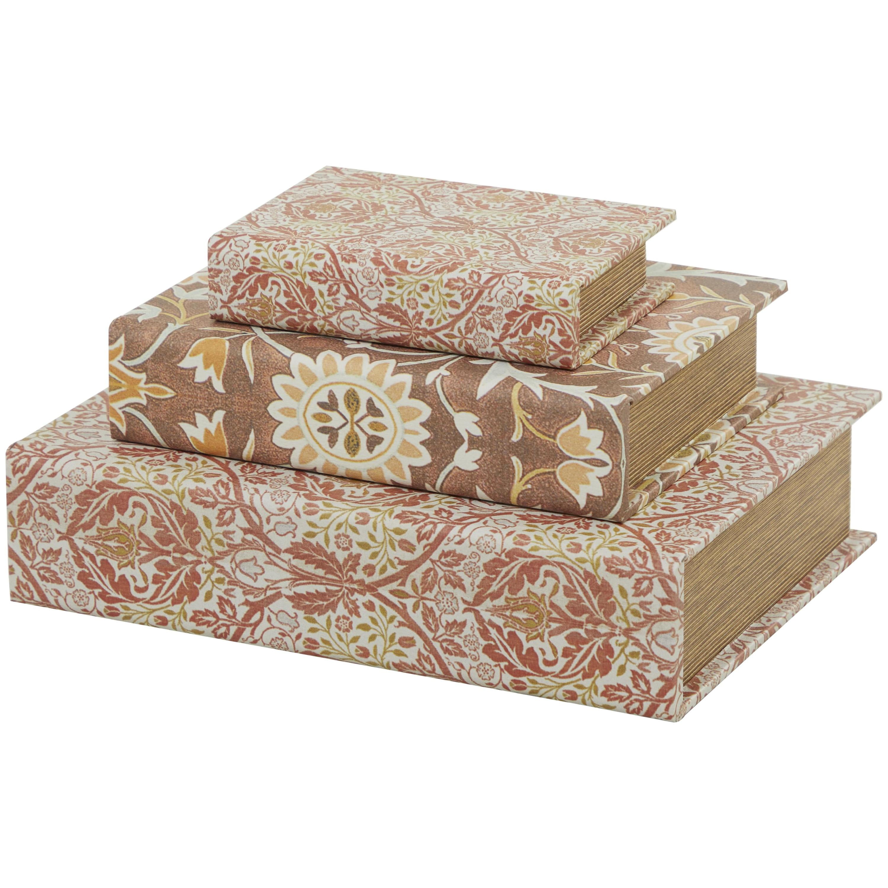 DecMode Faux Book Orange Faux Leather Decorative Box with Varying Patterns, 3 Count