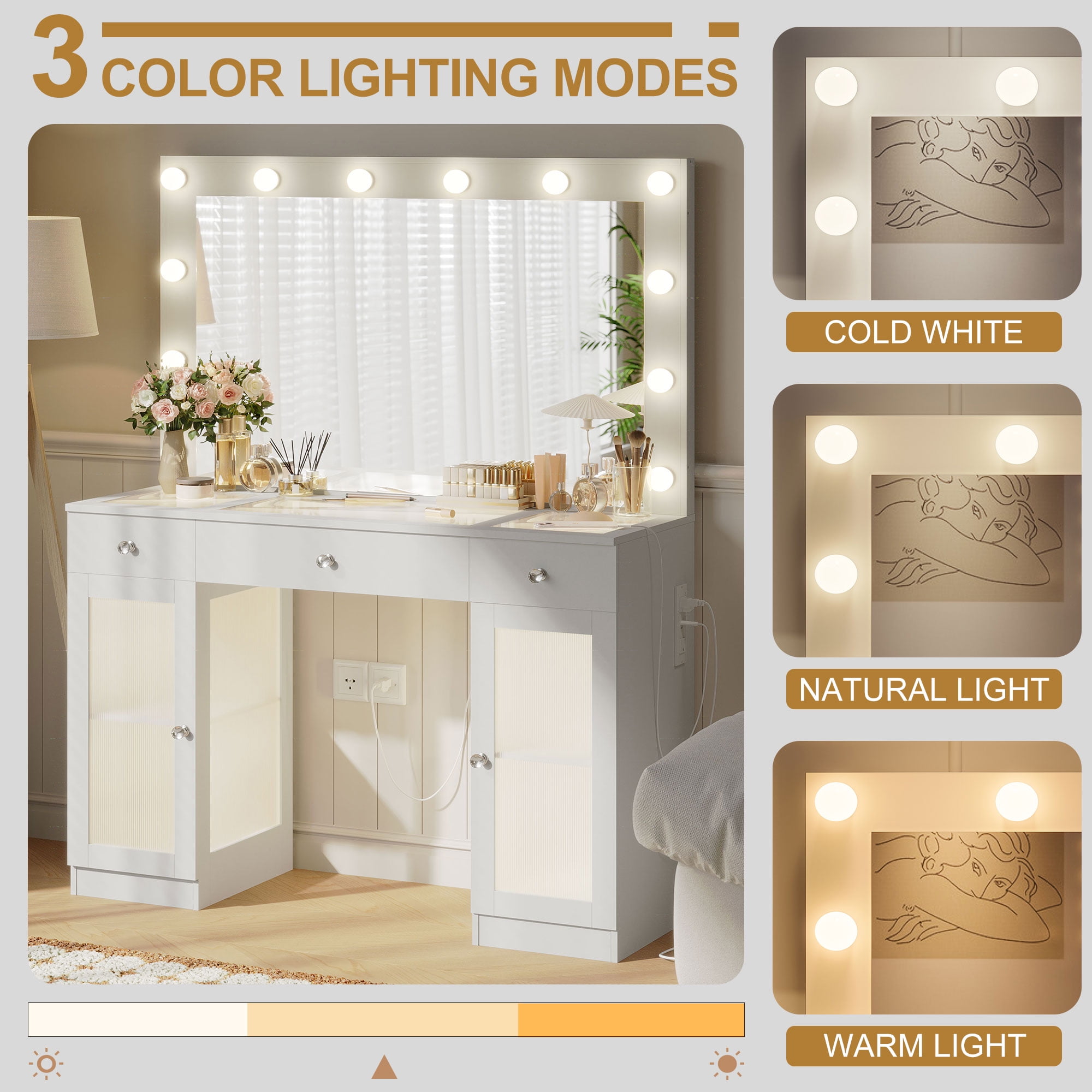 ABOVOBA Makeup Vanity Desk with Large Mirror and Lights,Big Vanity with Power Outlet for Women,White