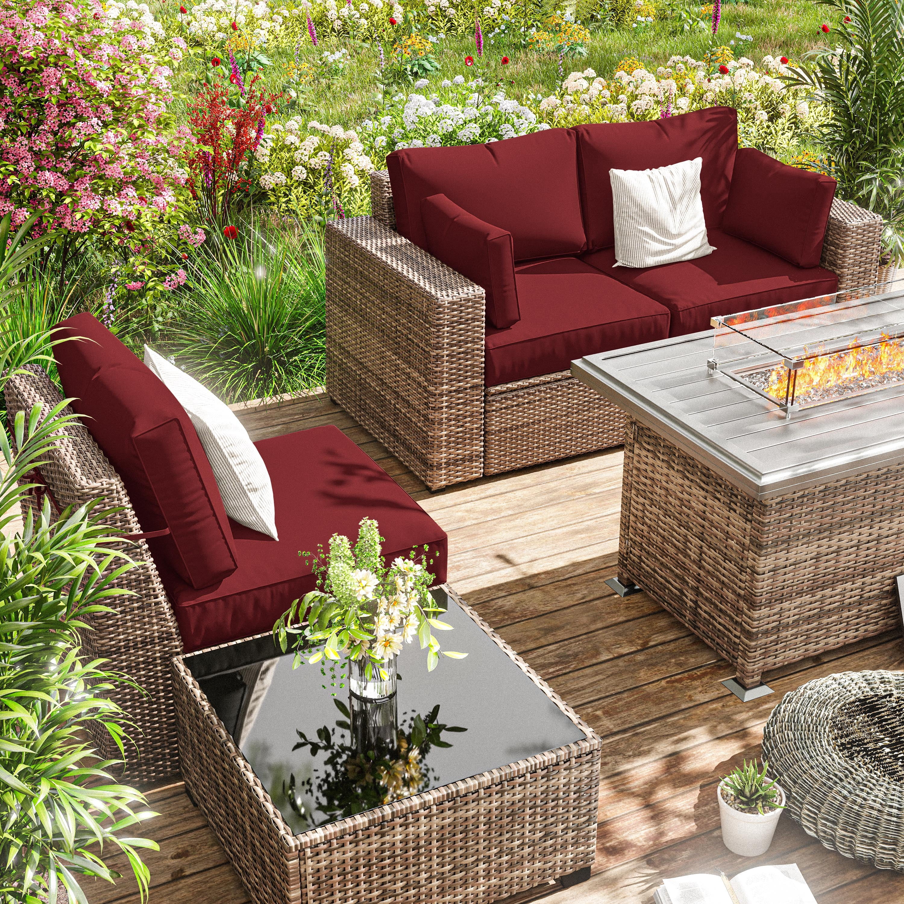 Pakunoda 8Pcs Cushion Covers for Outdoor Furniture, Waterproof Patio Cushion Covers Replacement Slipcovers with Zipper, Washable Reusable Outdoor Cushion Covers Burgundy, Covers Only