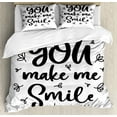 thumbnail image 1 of Smile Duvet Cover Set King Size, You Make Me Smile Handwritten Powerful Wording with Doodle Floral Motifs, Decorative 3 Piece Bedding Set with 2 Pillow Shams, Charcoal Grey and White, by Ambesonne, 1 of 3