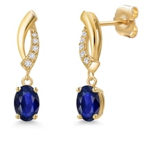 Gem Stone King 14K Yellow Gold Blue Sapphire and Lab Grown Diamond Drop Dangle Earrings for Women | 1.15 Cttw | Gemstone September Birthstone | Oval 6X4MM