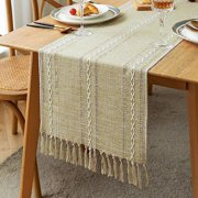 Zhuge Farmhouse Table Runner, Rustic Table Runners 72 Inches Long, Linen Boho Table Runner, Braided Striped Fall Table Runner for Dining Party Holiday, 13x72 Inches, Hollow Almond Buff