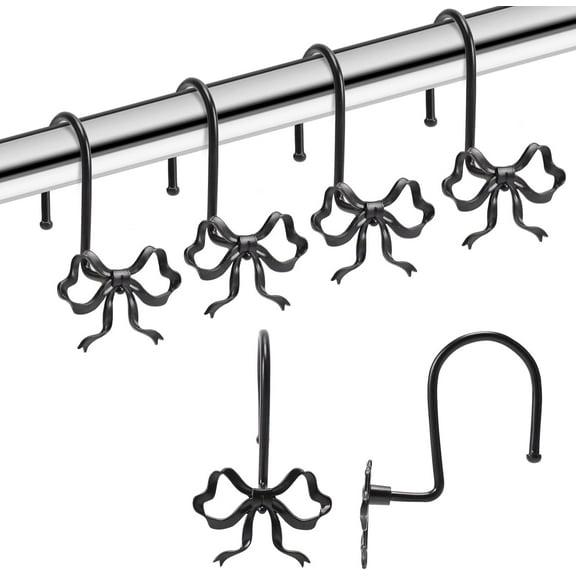 Bow Shower Curtain Hooks, 12 Pack Metal Decorative Rings, Rustproof Bow Knot Design for Bathroom Bedroom Living Room Baby Room Nursery Art Decor Black