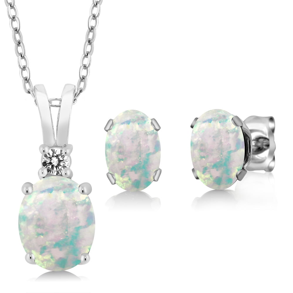 2.38 Ct Oval Cabochon Simulated Opal 925 Sterling Silver Pendant Earrings Set by