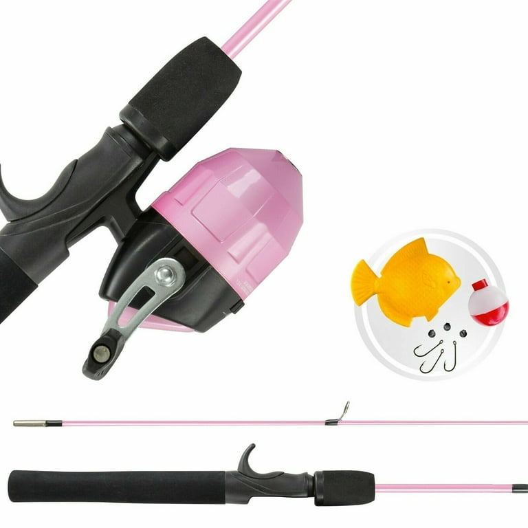 Kids Push Button Fishing Pole Starter Kit Pink Rod and Reel 4 Ft