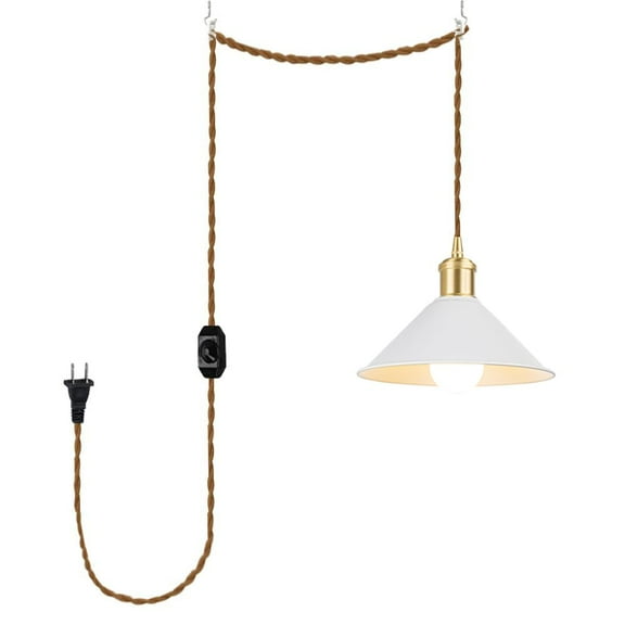 KAYYELAMP 15ft Plug in Dimmable Cord Hanging Light Brass Base White Metal Shade Classic Style Pendant for Farmhouse Home Store(No Bulb)