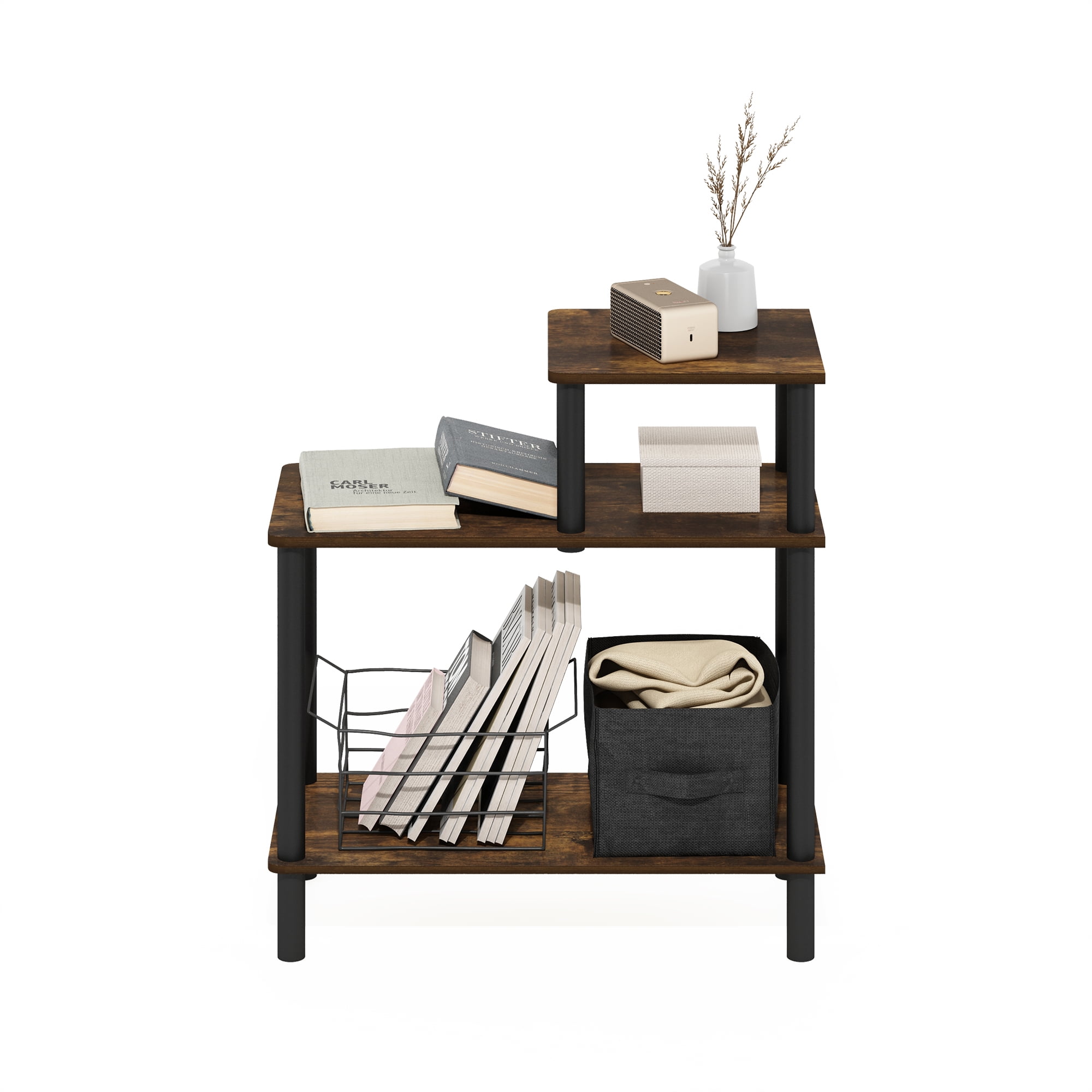 Furinno Turn-N-Tube 3-Tier Rectangular Sofa Side Table, End Table with Open Shelves, Amber Pine/Black