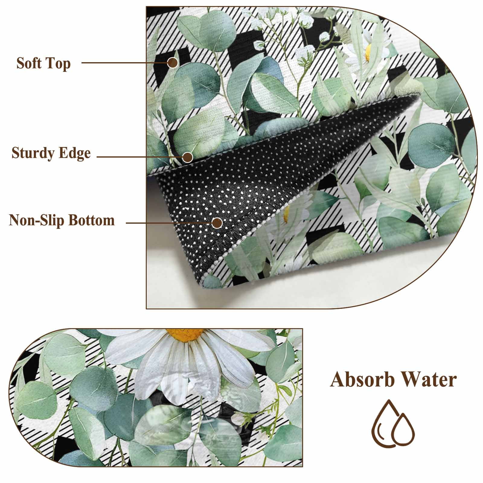 Kitchen Mats for Floor 3x5 Ft, Green Eucalyptus Leaves Non Slip Area Rugs for Kitchen Bedroom Entryway, Daisy Floral Washable Carpet Runner Rug Floor Mats for Bedroom Summer Botanical Plaid