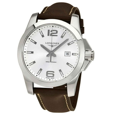 Longines Conquest Silver Dial Brown Leather Men's Watch
