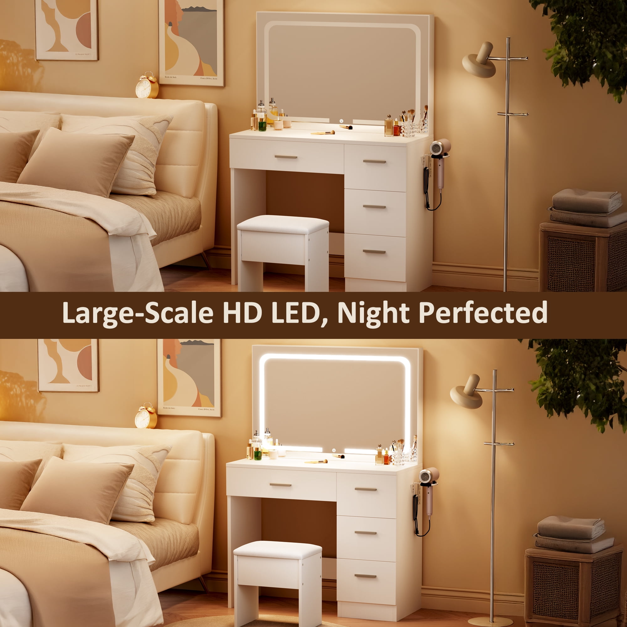 LIVELYGLOW Smart LED Vanity Desk with Stool, Dimmable Lighted Mirror, Built-in Power Outlets & USB Ports, Spacious Drawer Makeup Table for Bedroom,White