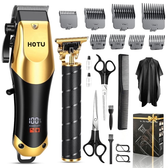 HOTU Hair Clippers for Men, 20Pcs 2-in-1 Cordless Clippers and Trimmer Beard Set with LCD Display, Professional Barber Clippers Set for Home