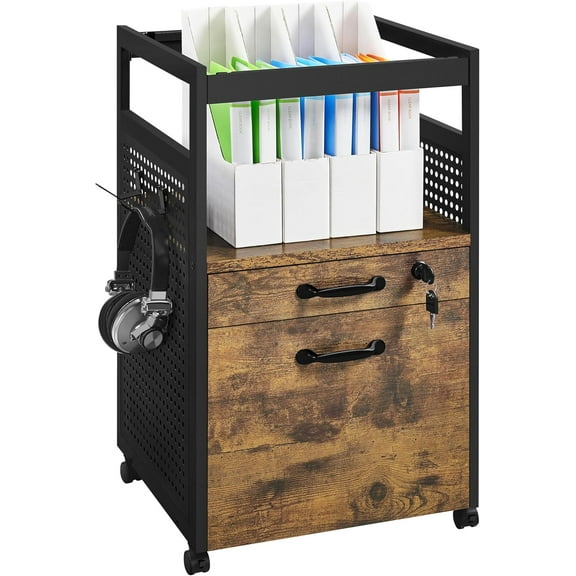 Hyxoo File Cabinets Industrial Office File Cabinet Mobile Printer Stand with Open Storage Shelf for Home Office, A4 Letter, Black/Rustic Brown