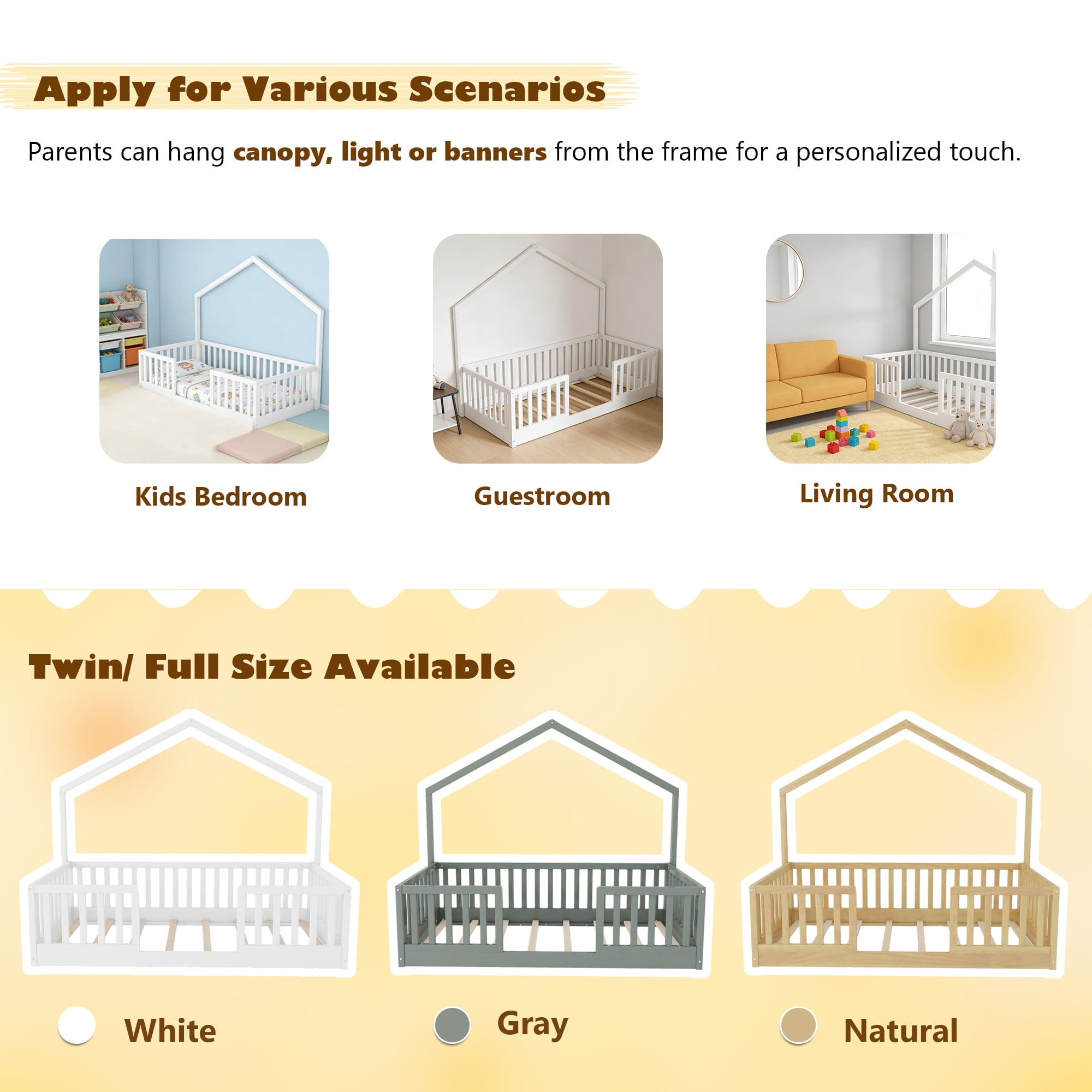 Mirightone Twin Floor Bed Frame with LED Light & High Guardrail, Pine Wood Montessori Bed Twin Size House Floor Bed, Slats Included (Natural)