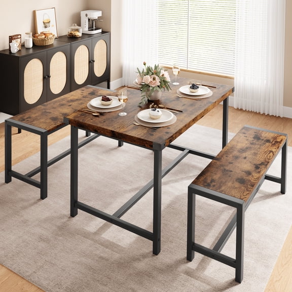 EastVita Dining Table Set for 4, Kitchen Table with Benches, Rectangular Dining Room Table Set with Sturdy Benches, 3 Piece Kitchen Table Set