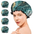 thumbnail image 7 of Shower Caps,Teal Gold Marble Pattern Waterproof Shower Cap for Women 4 Pieces,Double Reusable Hair Cover for Shower PEVA Elastic Stretch Hem, 7 of 7