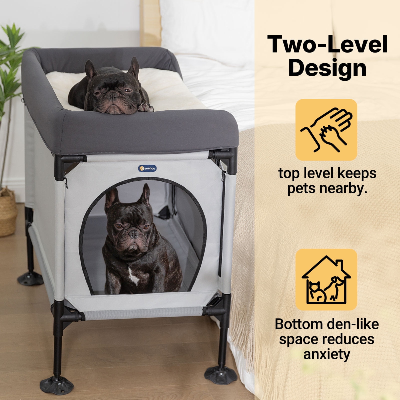 Veehoo Dog Bunk Bed, Attachment to Human Bed, Bedside Dog Cot for Cat & Dog, Pet Window Perch, Grey