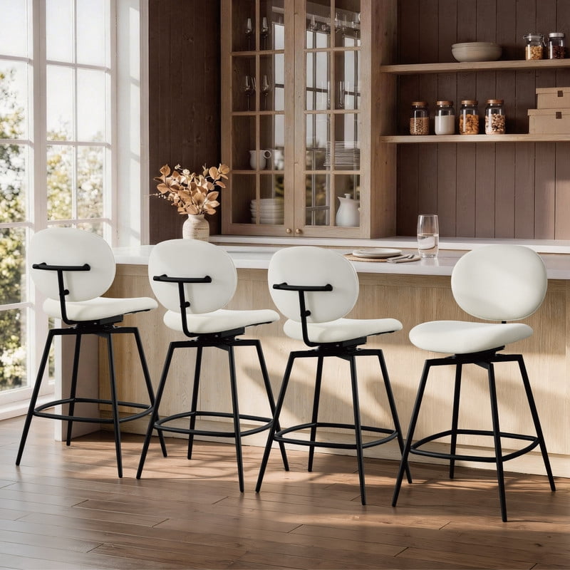 Spruce & Spring Swivel Upholstered Bar Stool with Back, Metal Frame Counter Height Stool with Footrest for Kitchen Island Dining, Boucle Fabric, Set of 2, Cream